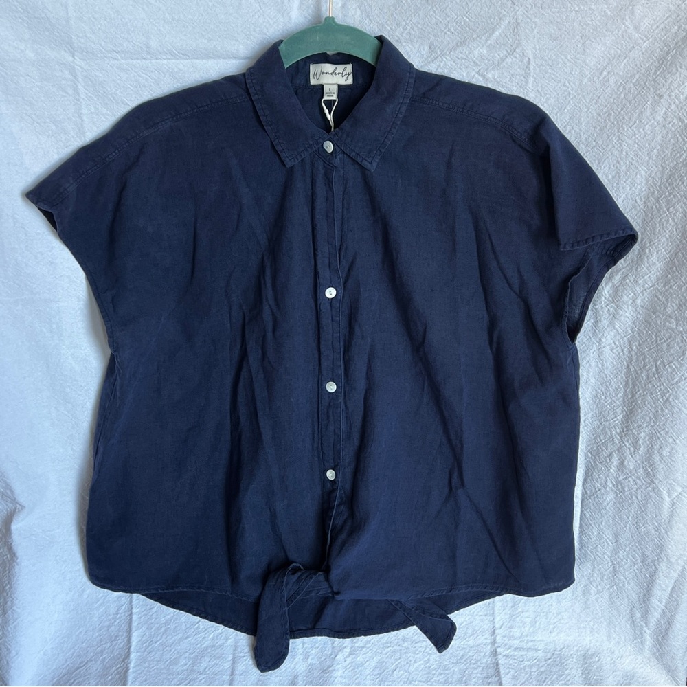 Wonderly Navy Blue Button-Up Knot-Front Shirt
